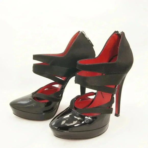 Cesare Paciotti Rocker Grunge Black Patent Leather Ankle Straps High Heels - Picture 3 of 5